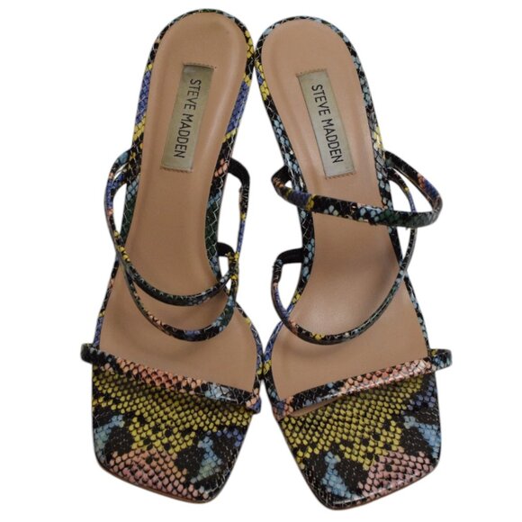 Steve Madden Awake Heeled Sandal Multi Snake Open Toe Strappy Mule Pumps Heels 9 - Picture 1 of 8